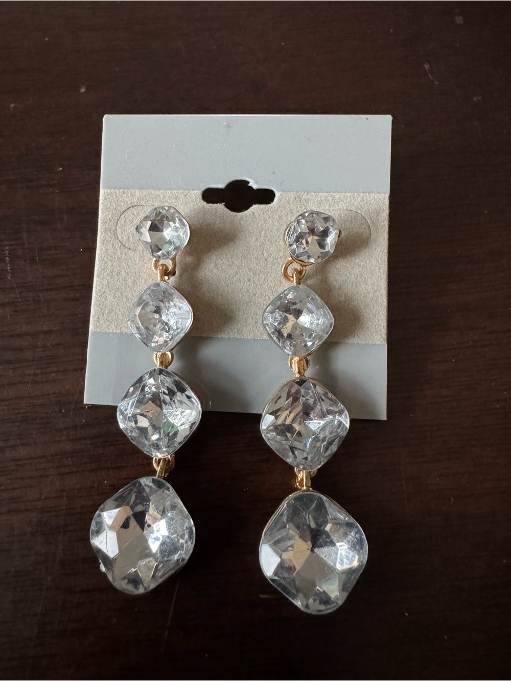Clear Crystal Triple Drop Earrings with Gold Accents